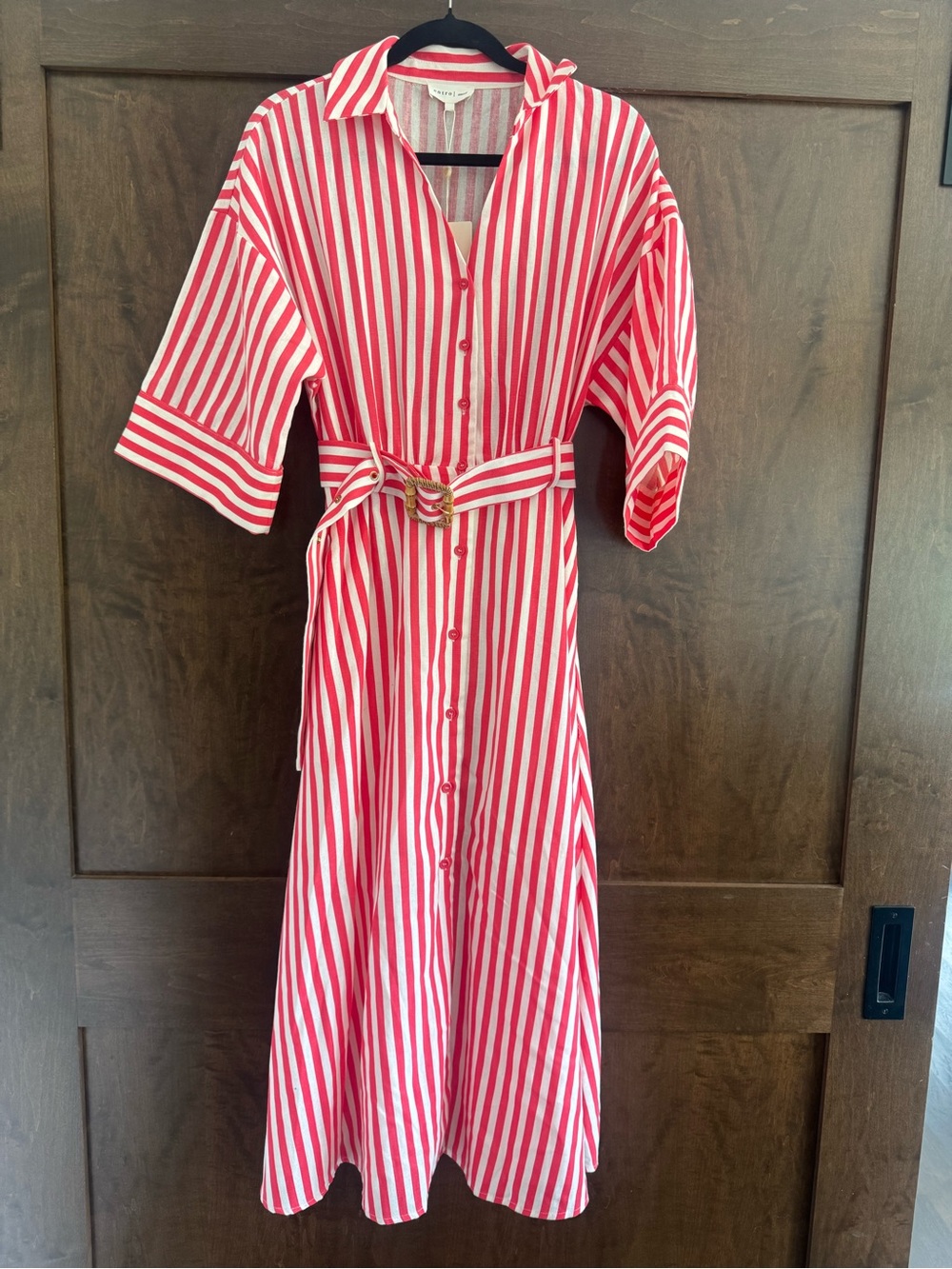 NWT LIGHTHEARTED DAYS RED STRIPE BELTED BUTTON FRONT MAXI SHIRT DRESS BY ENTRO